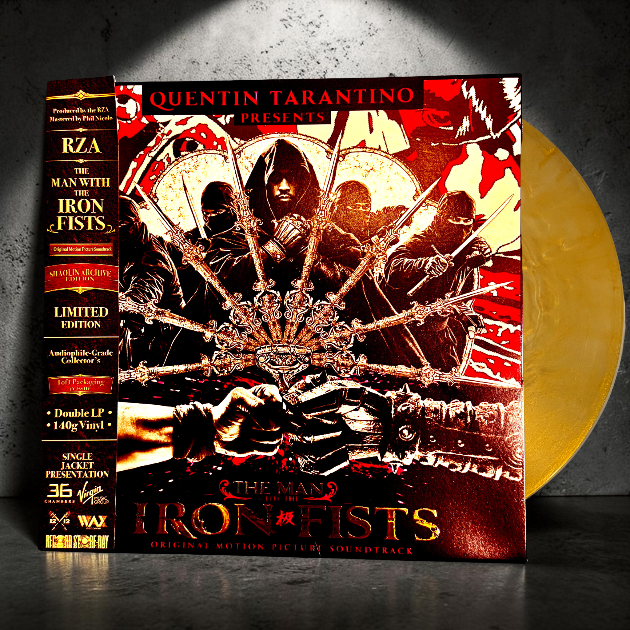 RZA “Man with Iron Fist Soundtrack” Ltd. Edt. Gold Foil Collectible 2LP Vinyl SET Numbered 1 -of-1 Album Cover Art includes a 12"x24" 1-of -1 Poster only 400 Available PRE-ORDER JUNE 27TH